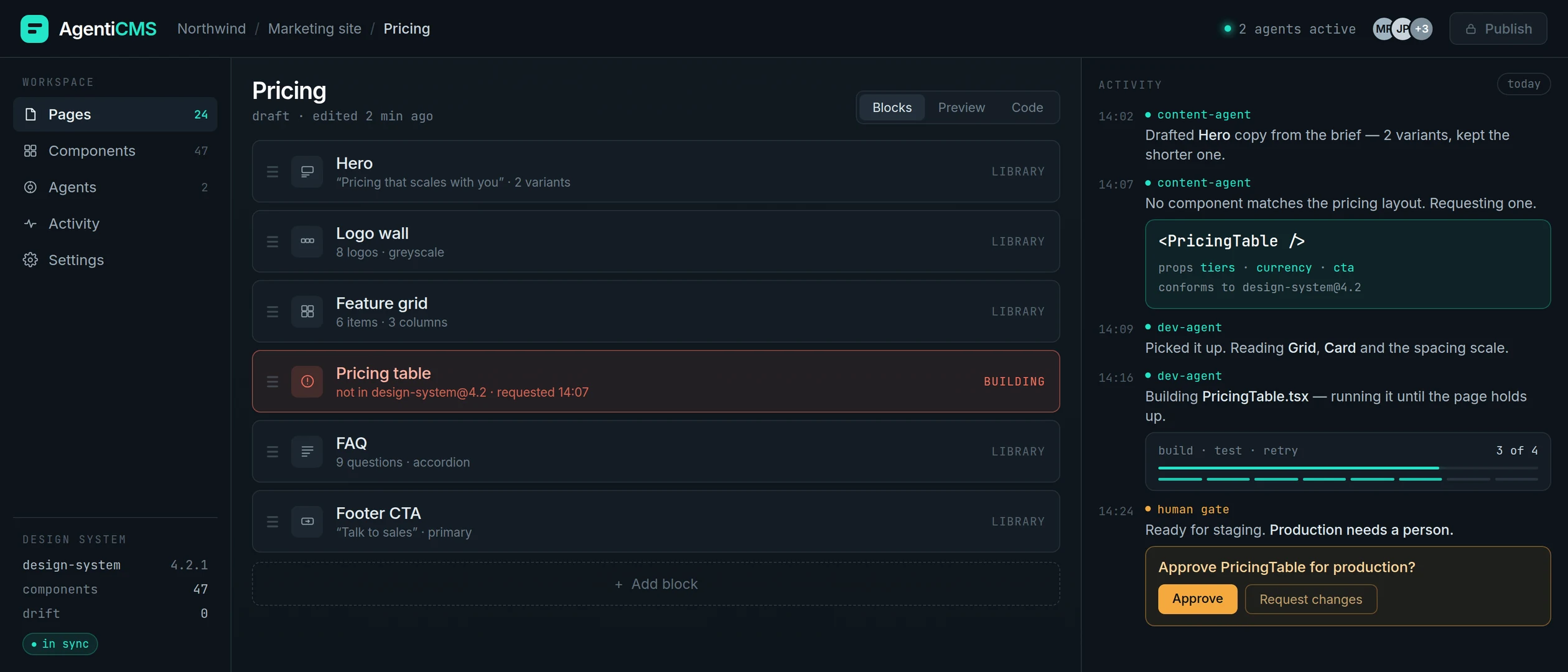 A content agent finds a missing pricing-table module, a development agent builds it, and the rendered page waits on human approval