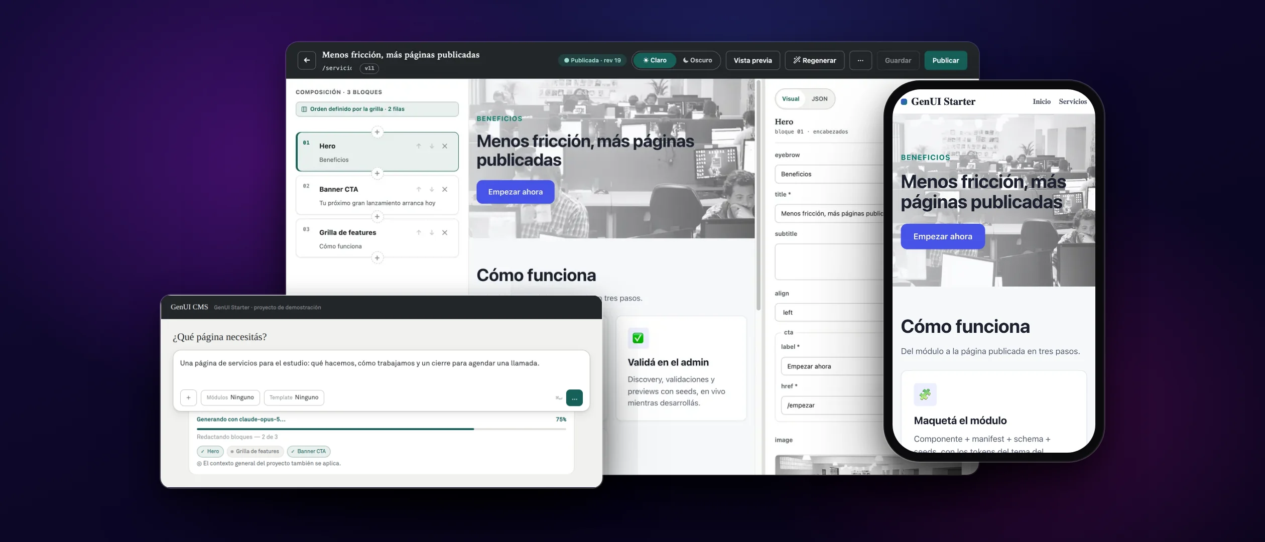 The GenUI CMS editor with a page assembled from three of the project's modules, the request that produced it, and the same page published on a phone