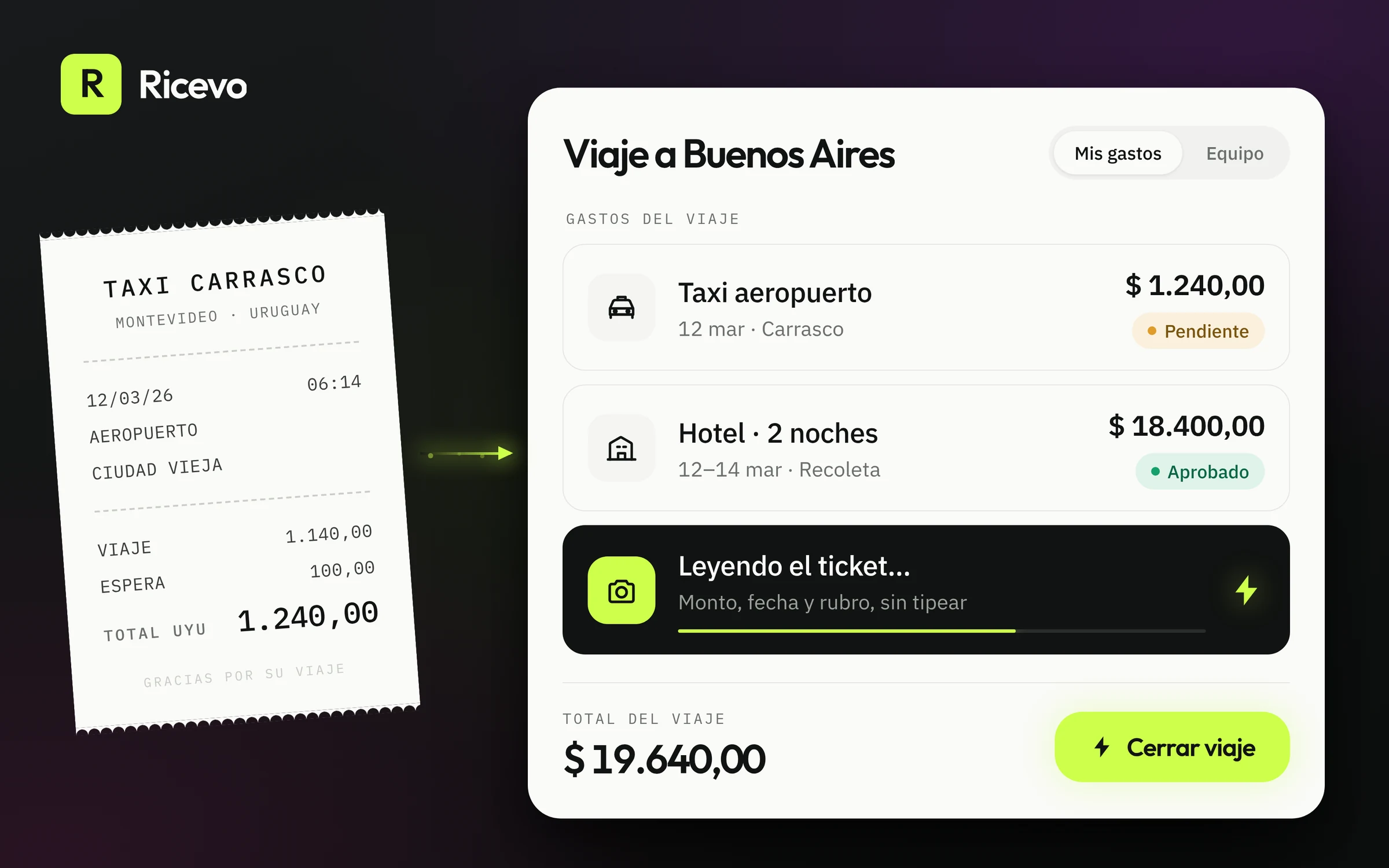 A photographed taxi receipt becoming a categorized, policy-checked expense line in Ricevo