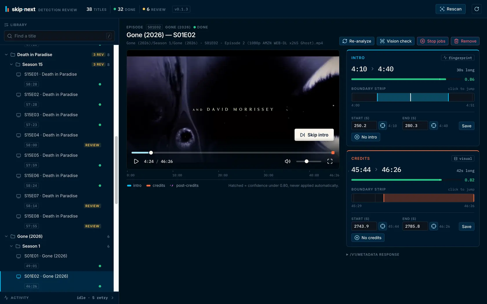 Intro-Matic marking the title sequence on an episode timeline, with the skip-intro control showing in the player and the low-confidence titles queued for review