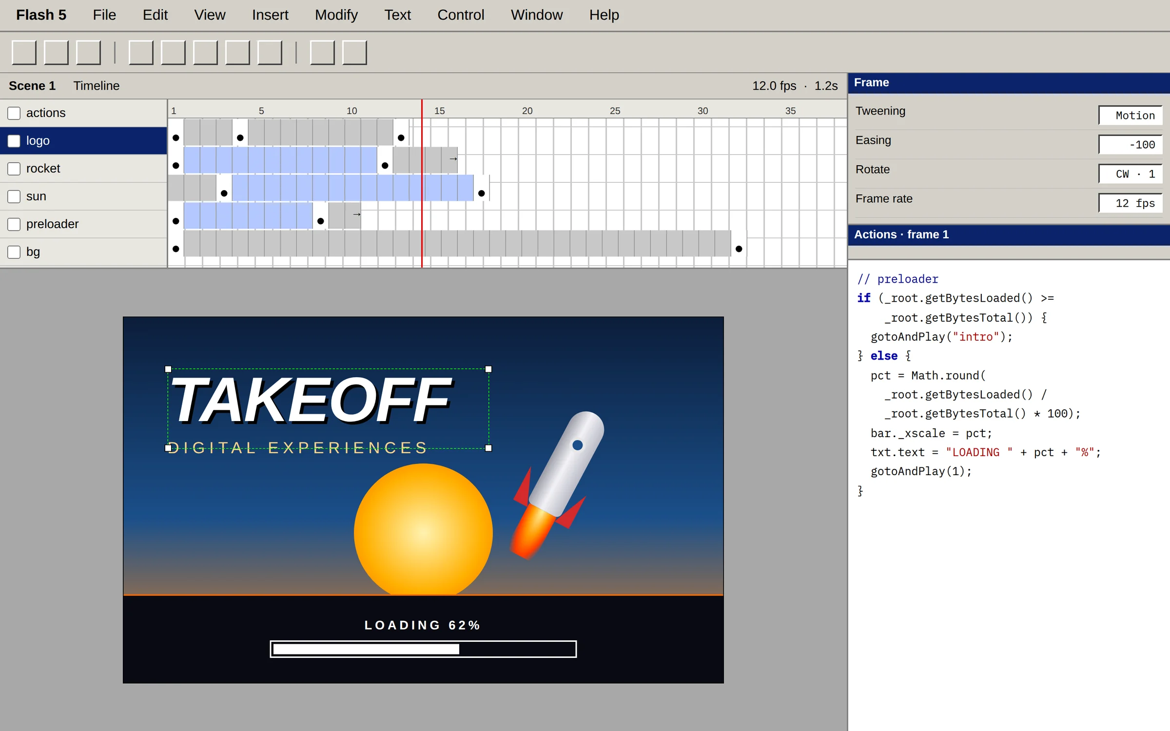 A Flash 5 timeline with tweened layers, a stage with a preloader at 62%, and the ActionScript that drives it