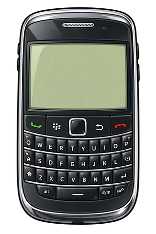 A 2008 BlackBerry-style phone with a full physical keyboard, receiving a subscription-sale email