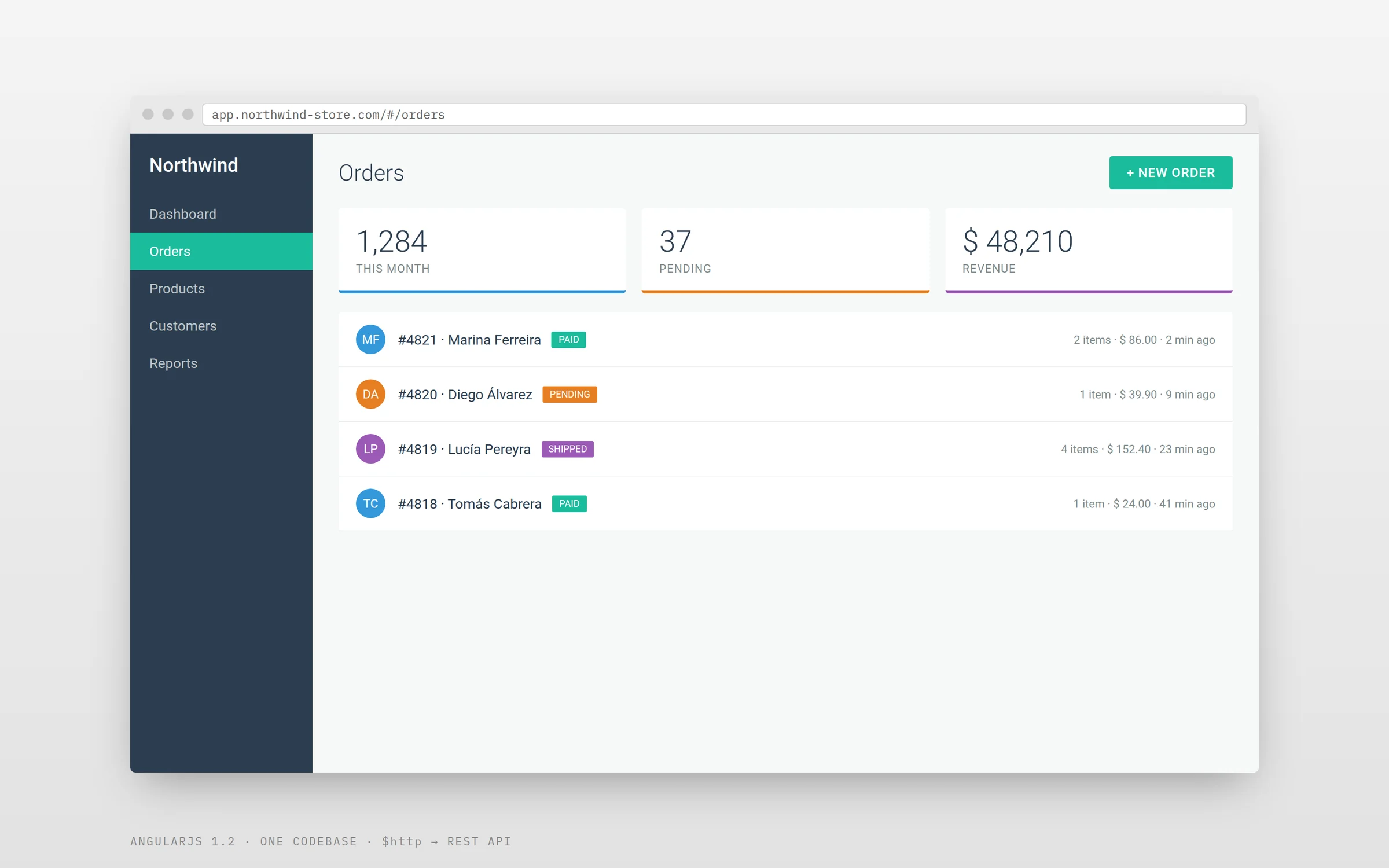 A 2013 single-page web app built with Angular, with the same orders view on desktop